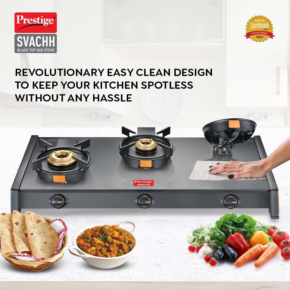 Prestige Svachh Glass Top Gas Stove with 3 Liftable Brass Burners for easy cleaning(GTSB-03)|Jumbo Brass Burner|Sturdy pan support|2 years warranty|5 years warranty on glass
