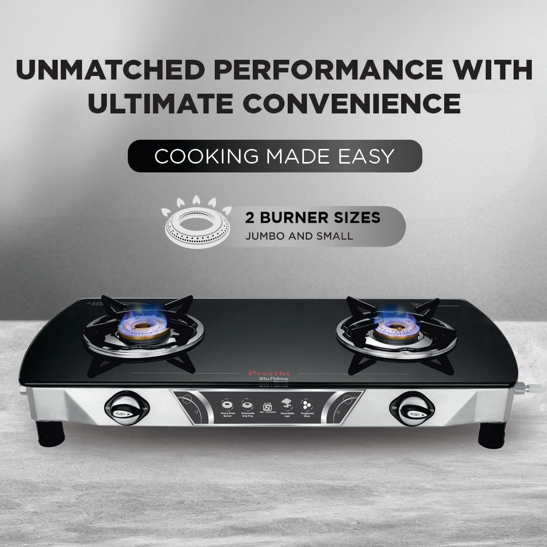 Preethi Bluflame Streak Plus Glass Top 2 Burner Gas Stove, with Jumbo Burner, Manual Ignition, Black