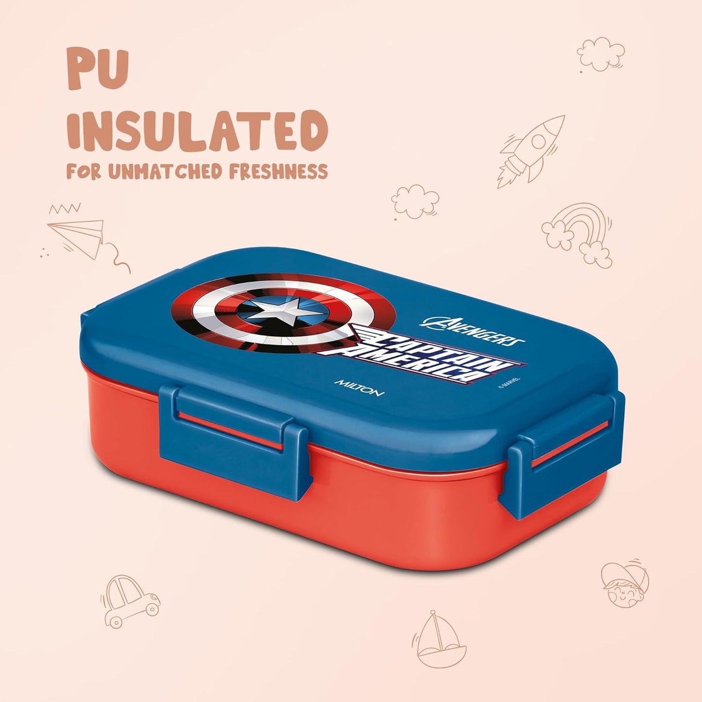 MILTON Marvel Hugo Inner Steel Tiffin Box for School with Stainless Steel Container | PU Insulated, Food Grade Lunch Box with Snap Lock Lid for Kids, 700 ml,