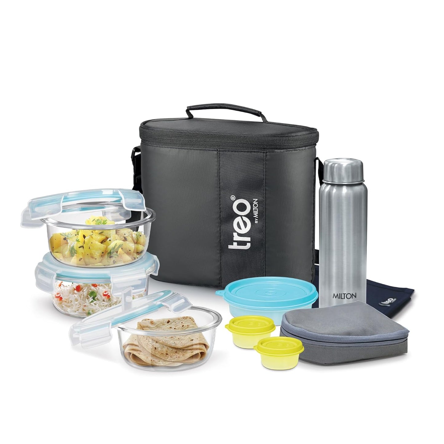 Treo by Milton All Weather Borosilicate Glass Round Tiffin Set of 5,Water Proof Carry Jacket & Glass Bottle, Microwave-Oven Safe