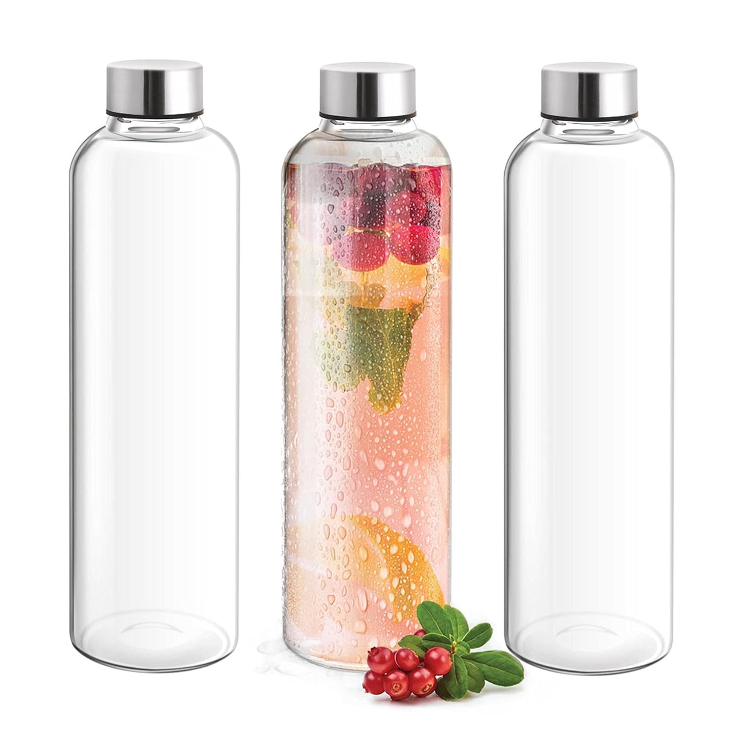 Treo By Milton Clarion Borosilicate Glass Water Bottle Set of 3, 1000 ml Each, Transparent