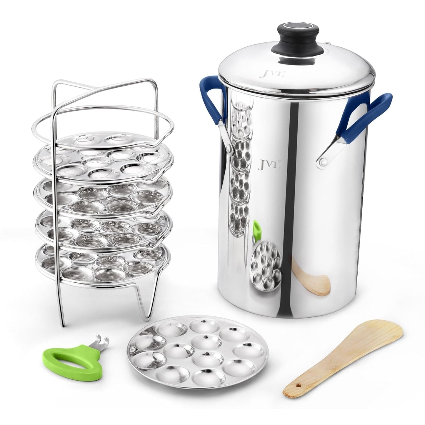 JVL Stainless Steel Triply Base Thatte Idly Maker (5 Mini Idly plates) 1 Steamer Vessel, 5 Mini Idly Plates, 1 Stand, 1 Lifter and 1 Spatula