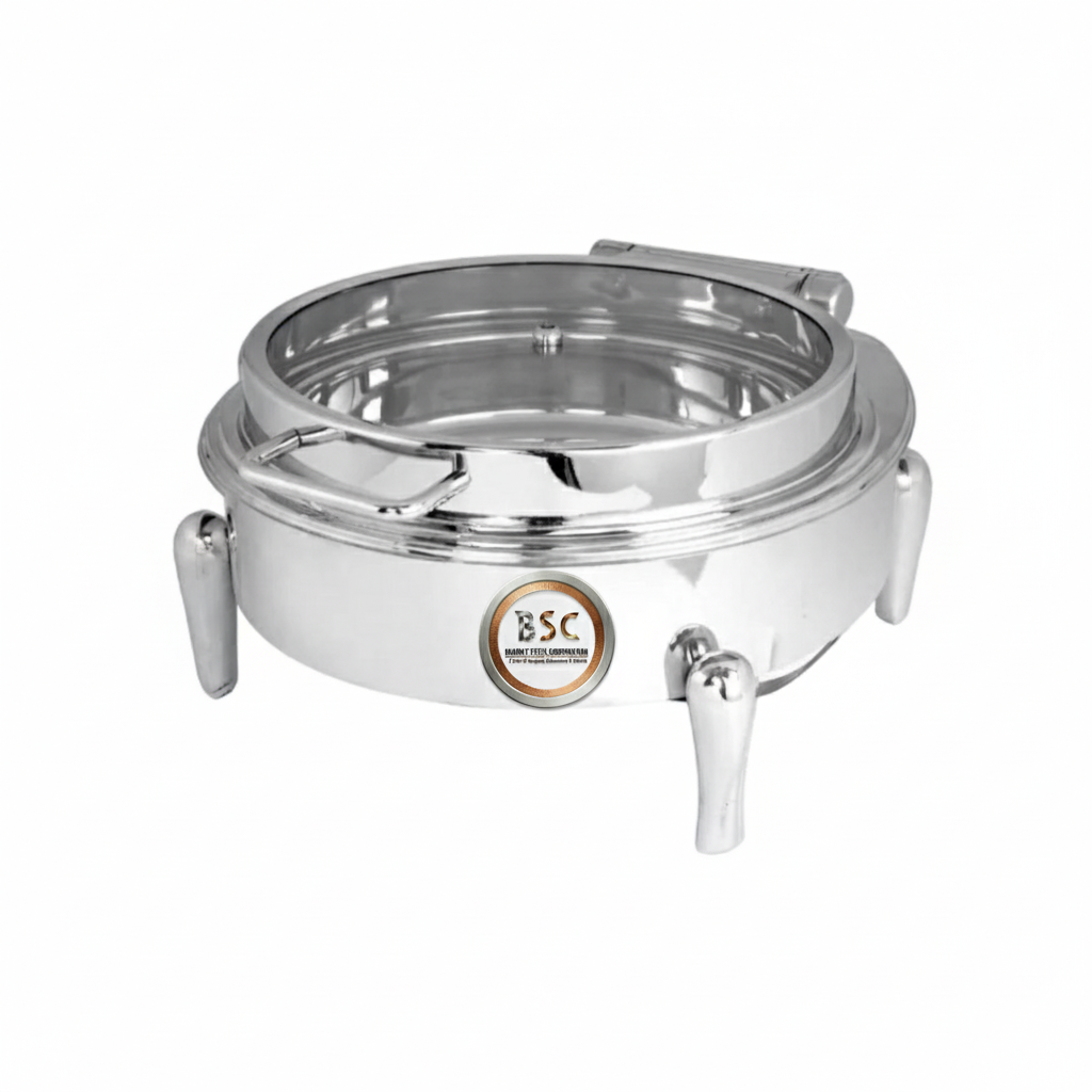 Premium Stainless Steel Round Full Glass Hydraulic Chafing Dish Set with Neo Leg