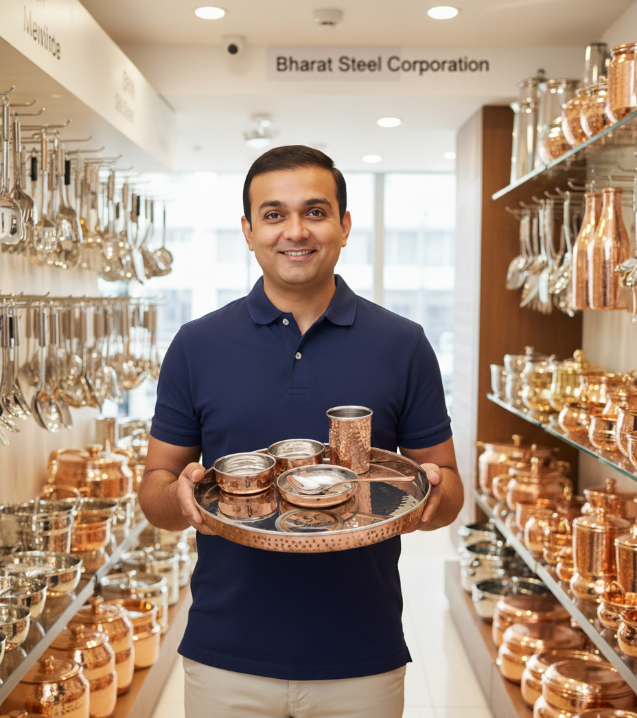 SS Copper Steel Hammered Thali Set 12", Set of 6pcs