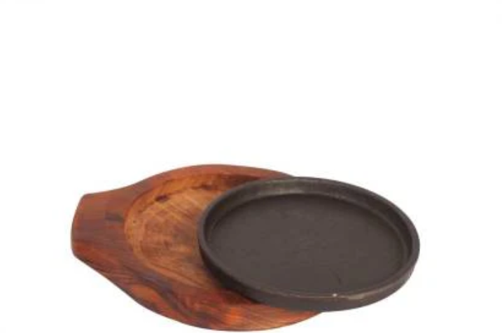 Sizzling Brownie Platter, Cast Iron Plate, Wooden Base, 9" Round
