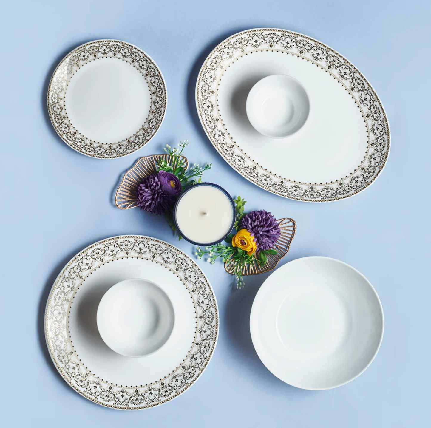 Cello Solitaire Opalware Dinner Set, Ornate Gold