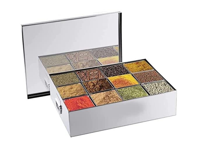 Commercial Stainless Steel Masala Dabba or Spice Box, 12 Containers, 950 ml each