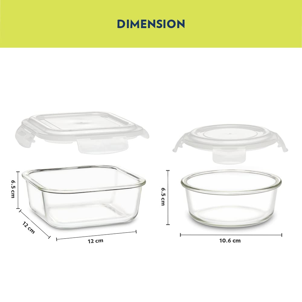 Borosil Daisy Lunchbox | 4pc (320ml x 2 Square + 240ml x 2 Round) Container Set