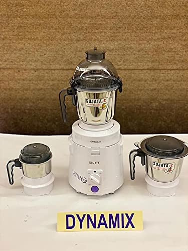 Sujata Dynamix Mixer Grinder|900 Watts Double Ball Bearing Motor|22000 RPM|Non-Stop 90 Mins Running|3 Food Grade Steel Jars including 1500ml Multipurpose, 1000ml Grinder, 500ml Chutney Jar (White)