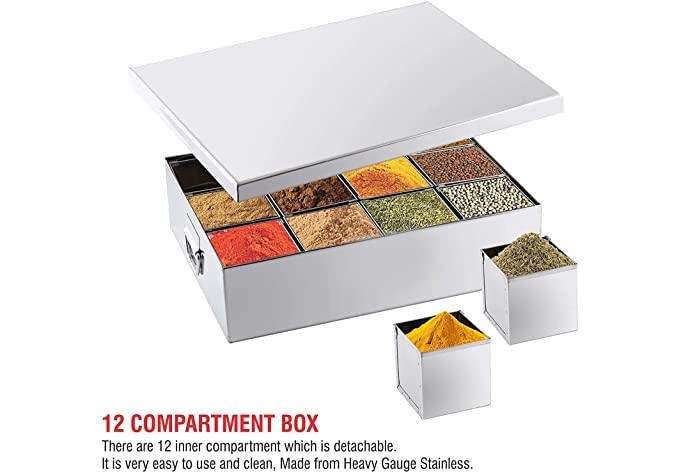 Commercial Stainless Steel Masala Dabba or Spice Box, 12 Containers, 950 ml each