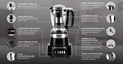 Panasonic Heavy Duty Mixer Grinder For Kitchen MX-AV425 (Charcoal Black) Elements Series Powerful 1500W(MMLW) 4 Jar(Three-304 Stainless Steel & 1Juicer Extractor Jar)|5 Years Motor Warranty