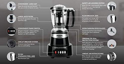 Panasonic Heavy Duty Mixer Grinder For Kitchen MX-AV425 (Charcoal Black) Elements Series Powerful 1500W(MMLW) 4 Jar(Three-304 Stainless Steel & 1Juicer Extractor Jar)|5 Years Motor Warranty
