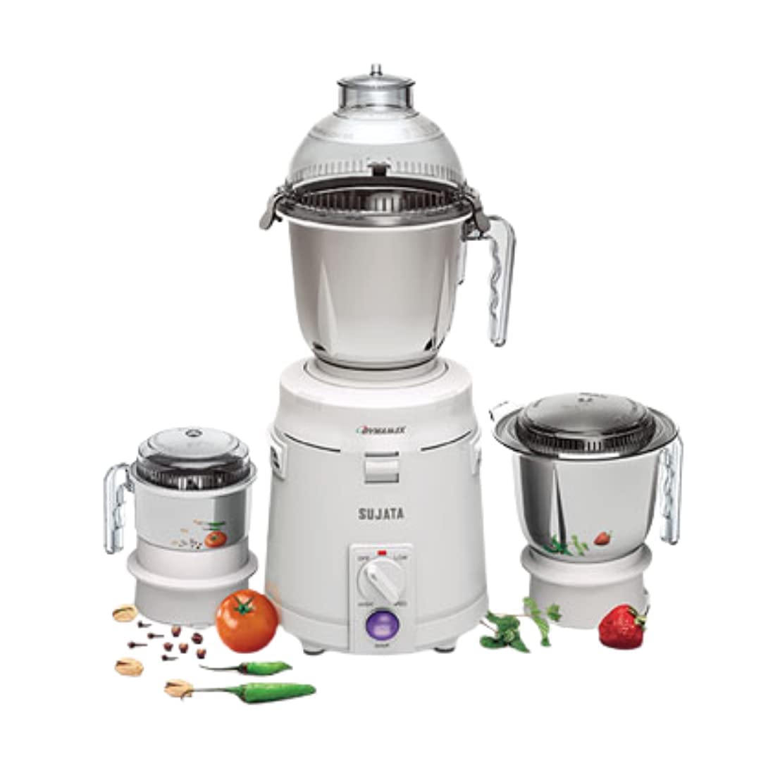 Sujata Dynamix Mixer Grinder|900 Watts Double Ball Bearing Motor|22000 RPM|Non-Stop 90 Mins Running|3 Food Grade Steel Jars including 1500ml Multipurpose, 1000ml Grinder, 500ml Chutney Jar (White)