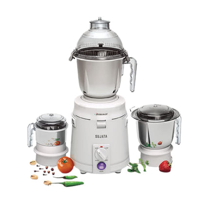 Sujata Dynamix Mixer Grinder|900 Watts Double Ball Bearing Motor|22000 RPM|Non-Stop 90 Mins Running|3 Food Grade Steel Jars including 1500ml Multipurpose, 1000ml Grinder, 500ml Chutney Jar (White)