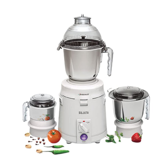 Sujata Dynamix Mixer Grinder|900 Watts Double Ball Bearing Motor|22000 RPM|Non-Stop 90 Mins Running|3 Food Grade Steel Jars including 1500ml Multipurpose, 1000ml Grinder, 500ml Chutney Jar (White)