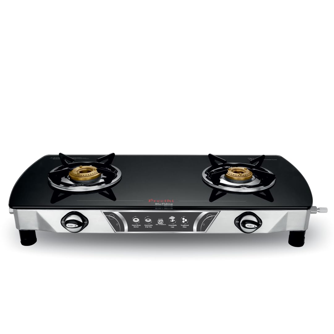 Preethi Bluflame Streak Plus Glass Top 2 Burner Gas Stove, with Jumbo Burner, Manual Ignition, Black