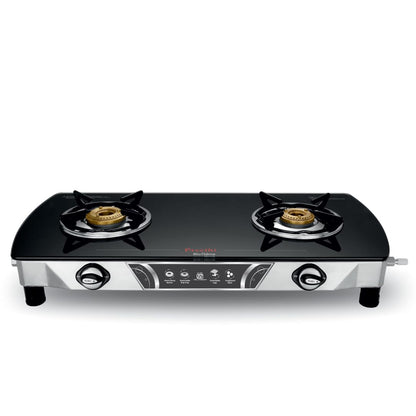 Preethi Bluflame Streak Plus Glass Top 2 Burner Gas Stove, with Jumbo Burner, Manual Ignition, Black