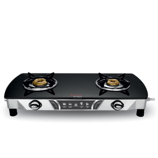 Preethi Bluflame Streak Plus Glass Top 2 Burner Gas Stove, with Jumbo Burner, Manual Ignition, Black