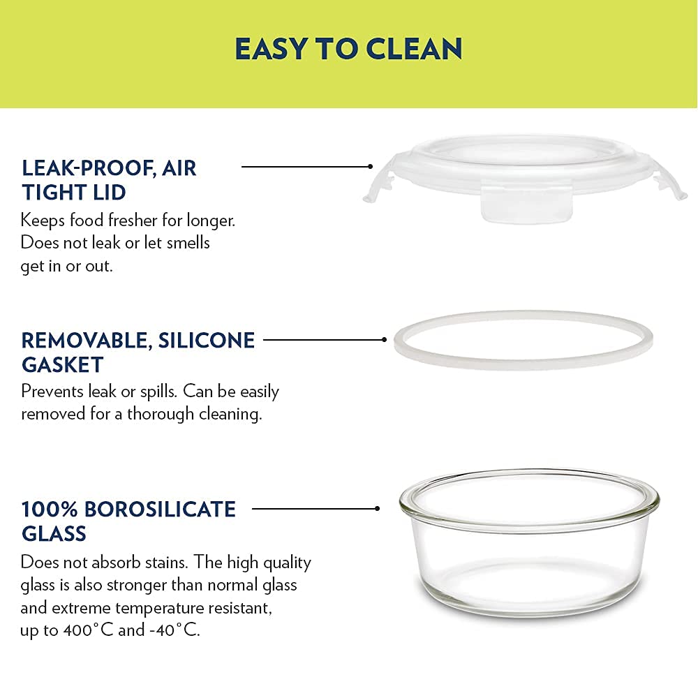 Borosil Daisy Lunchbox | 4pc (320ml x 2 Square + 240ml x 2 Round) Container Set