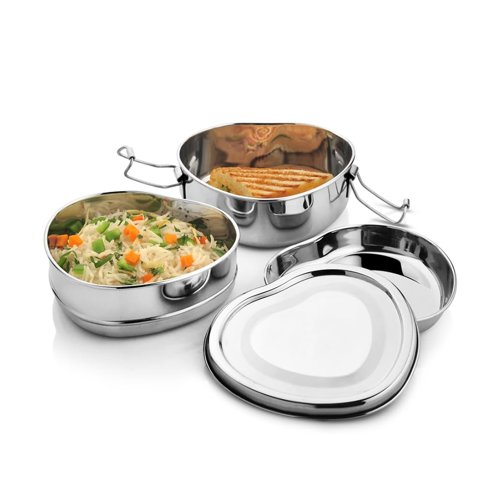 JVL Stainless Steel Lunch Box for Kids, Two Tier Tiffin Box with Inner Plate Ideal for School, Office & Travel - Heart Shape