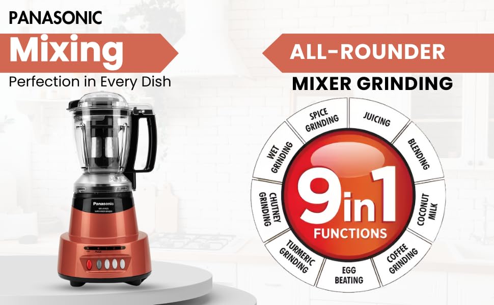 Panasonic Heavy Duty Mixer Grinder For Kitchen MX-AV425 (Rustic Red) Elements Series Powerful 1500W (MMLW) 4 Jar (Three-304 Stainless Steel & 1Juicer Extractor Jar) |5 Years Motor Warranty