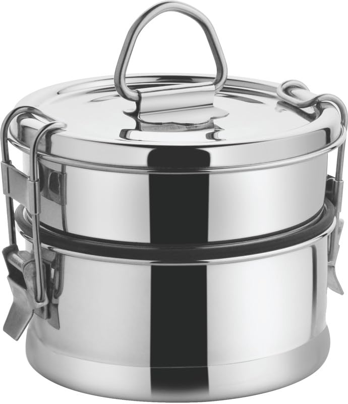 JVL Leak-Proof Stainless Steel Double Decker Lunch Box 600ml with Bag 2-Compartment Tiffin for Office & Kids Use Durable, Compact & Easy to Carry
