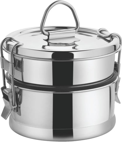 JVL Leak-Proof Stainless Steel Double Decker Lunch Box 600ml with Bag 2-Compartment Tiffin for Office & Kids Use Durable, Compact & Easy to Carry