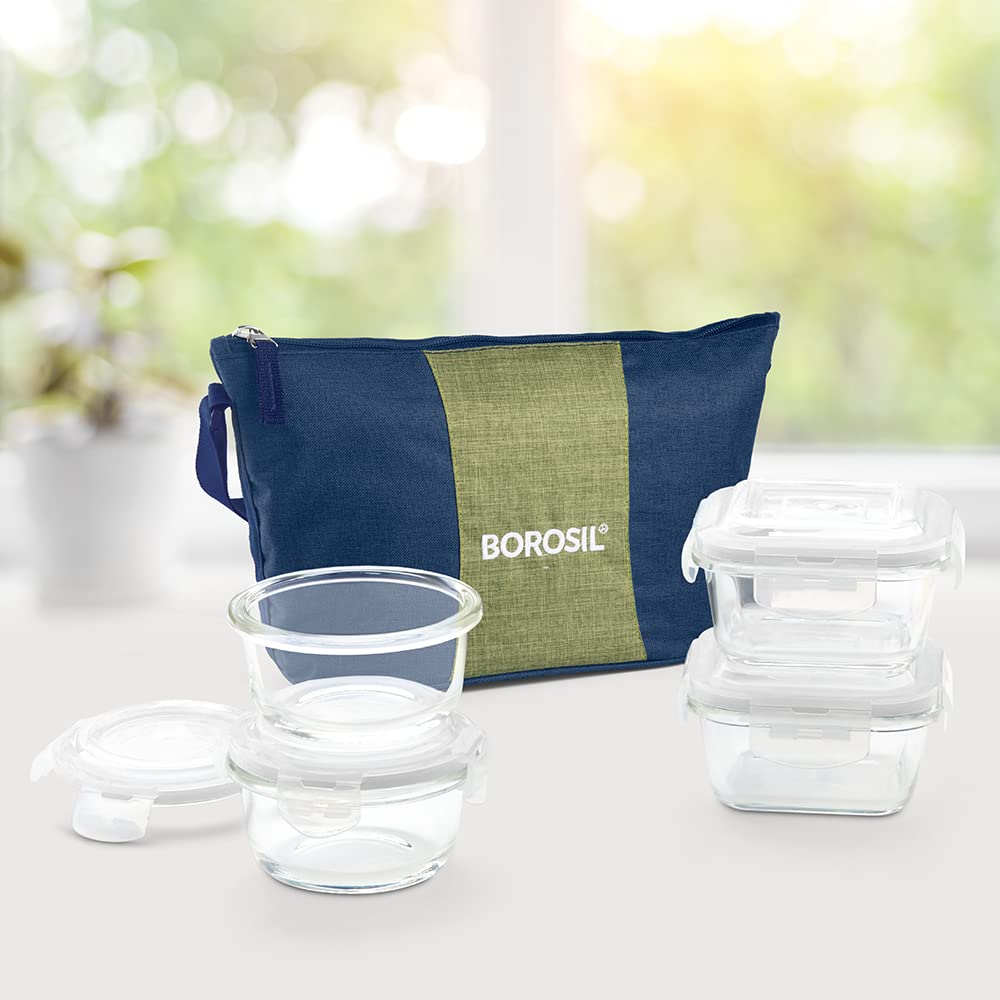 Borosil Daisy Lunchbox | 4pc (320ml x 2 Square + 240ml x 2 Round) Container Set