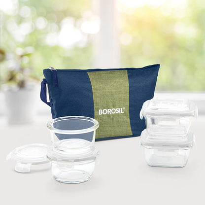 Borosil Daisy Lunchbox | 4pc (320ml x 2 Square + 240ml x 2 Round) Container Set