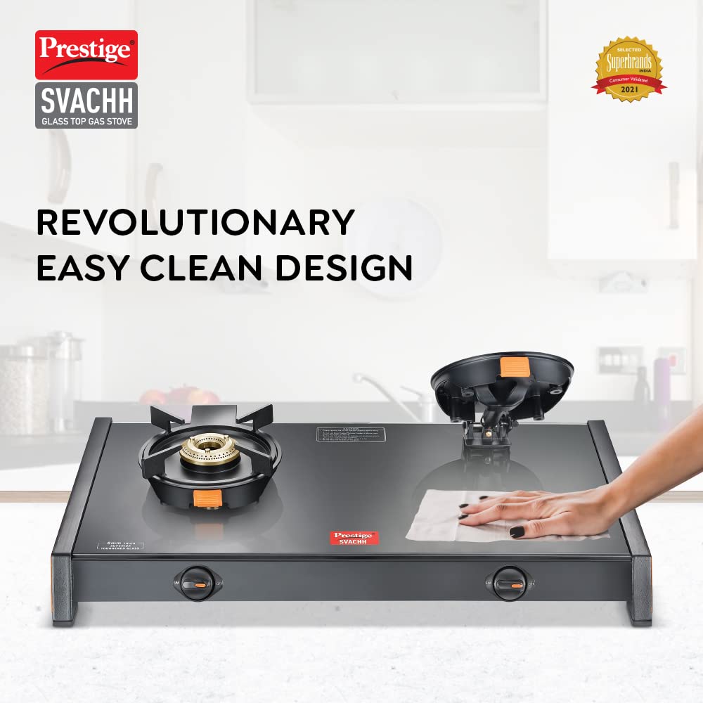 Prestige Svachh Glass Top Gas Stove with 2 Liftable Brass Burners for easy cleaning(GTSB-02)|Sturdy pan support|2 years warranty|5 years warranty on glass