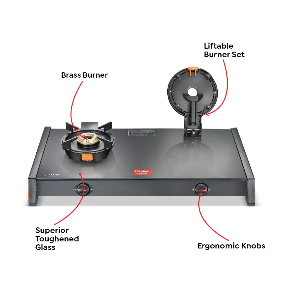 Prestige Svachh Glass Top Gas Stove with 2 Liftable Brass Burners for easy cleaning(GTSB-02)|Sturdy pan support|2 years warranty|5 years warranty on glass