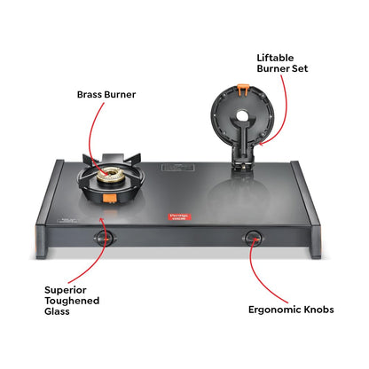 Prestige Svachh Glass Top Gas Stove with 2 Liftable Brass Burners for easy cleaning(GTSB-02)|Sturdy pan support|2 years warranty|5 years warranty on glass