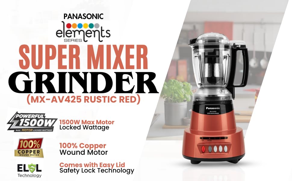 Panasonic Heavy Duty Mixer Grinder For Kitchen MX-AV425 (Rustic Red) Elements Series Powerful 1500W (MMLW) 4 Jar (Three-304 Stainless Steel & 1Juicer Extractor Jar) |5 Years Motor Warranty