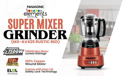 Panasonic Heavy Duty Mixer Grinder For Kitchen MX-AV425 (Rustic Red) Elements Series Powerful 1500W (MMLW) 4 Jar (Three-304 Stainless Steel & 1Juicer Extractor Jar) |5 Years Motor Warranty