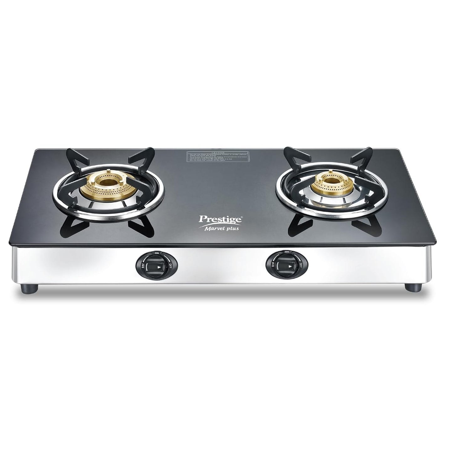 Prestige Marvel Plus Stainless Steel 2 Brass Burner Manual Glass Top Gas Stove, GTM 02 SS (Black)
