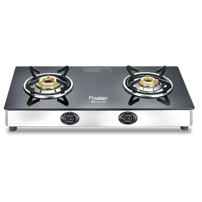 Prestige Marvel Plus Stainless Steel 2 Brass Burner Manual Glass Top Gas Stove, GTM 02 SS (Black)
