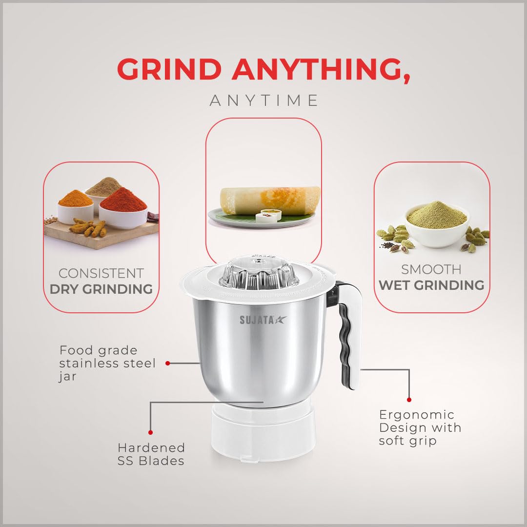Sujata Powermatic Plus Juicer Mixer Grinder|900 Watts Double Ball Bearing Motor|22000 RPM | Non-Stop 90 Mins Running|2 Jars including 1750ml Blender, 1000ml Grinder Jar| (White)