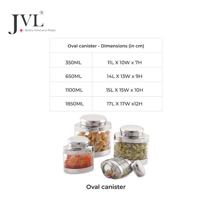 JVL Classiware Oval Canister See-Through Airtight Storage Container with Stainless Steel Lid Mirror Finish Ideal for Grains, Pulses, Tea, Coffee, Snacks & More - 1PC (650 ml)