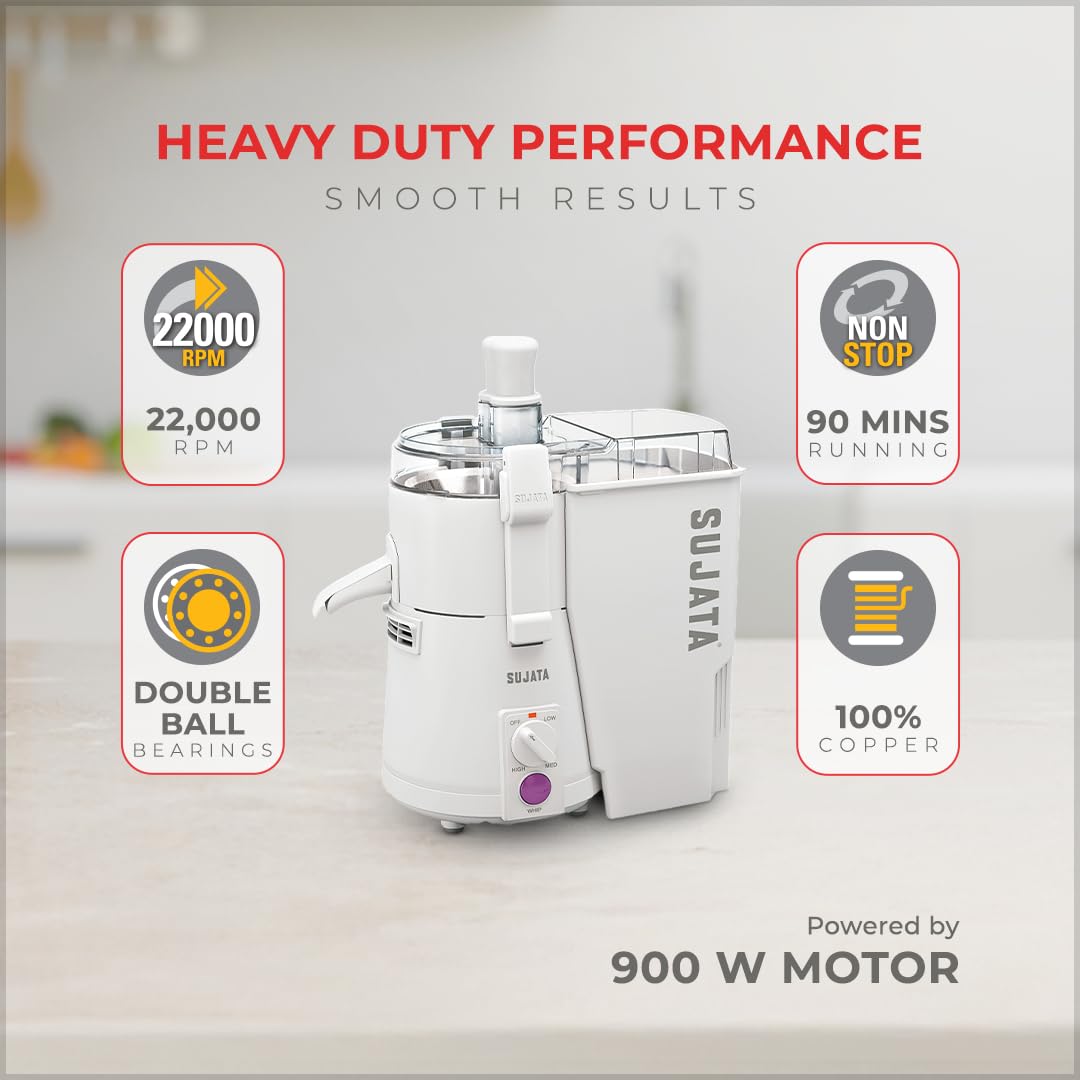 Sujata Powermatic Plus Juicer Mixer Grinder|900 Watts Double Ball Bearing Motor|22000 RPM | Non-Stop 90 Mins Running|2 Jars including 1750ml Blender, 1000ml Grinder Jar| (White)