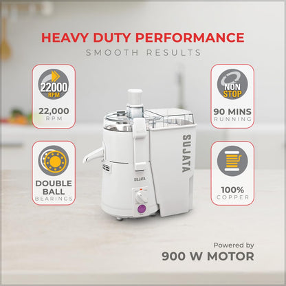 Sujata Powermatic Plus Juicer Mixer Grinder|900 Watts Double Ball Bearing Motor|22000 RPM | Non-Stop 90 Mins Running|2 Jars including 1750ml Blender, 1000ml Grinder Jar| (White)