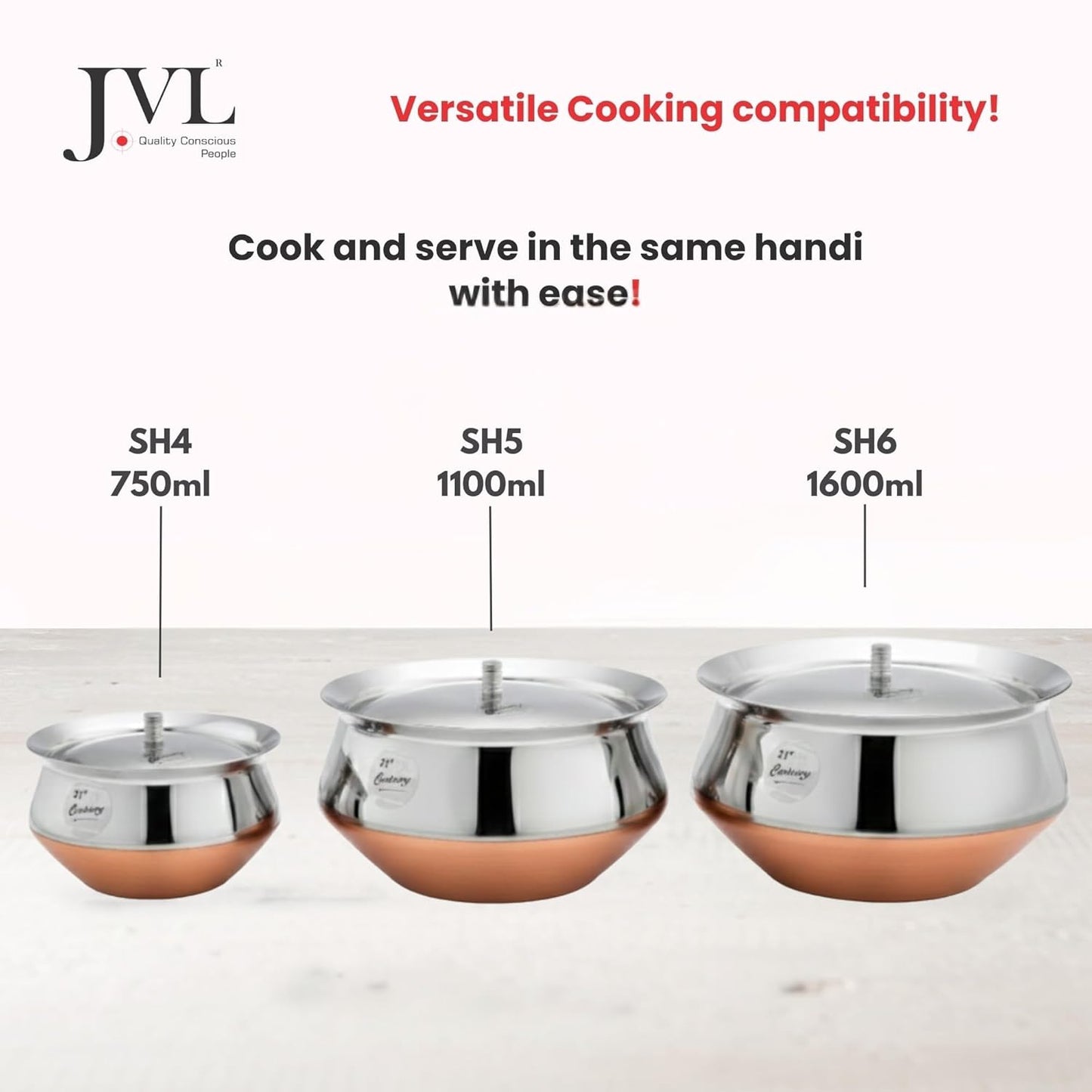 JVL Stainless Steel Spike Handi with Lid - 3 Pices, Gravy & Stock Pot, Cook & Serve Vessel, Rust Resistant - Full Copper (750ml, 1.1L & 1.6L)