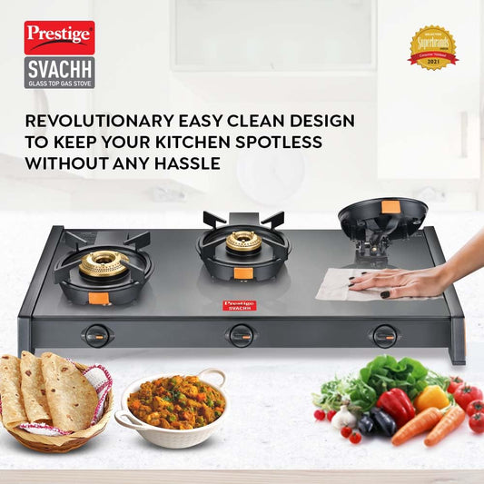 Prestige Svachh Glass Top Gas Stove with 3 Liftable Brass Burners for easy cleaning(GTSB-03)|Jumbo Brass Burner|Sturdy pan support|2 years warranty|5 years warranty on glass