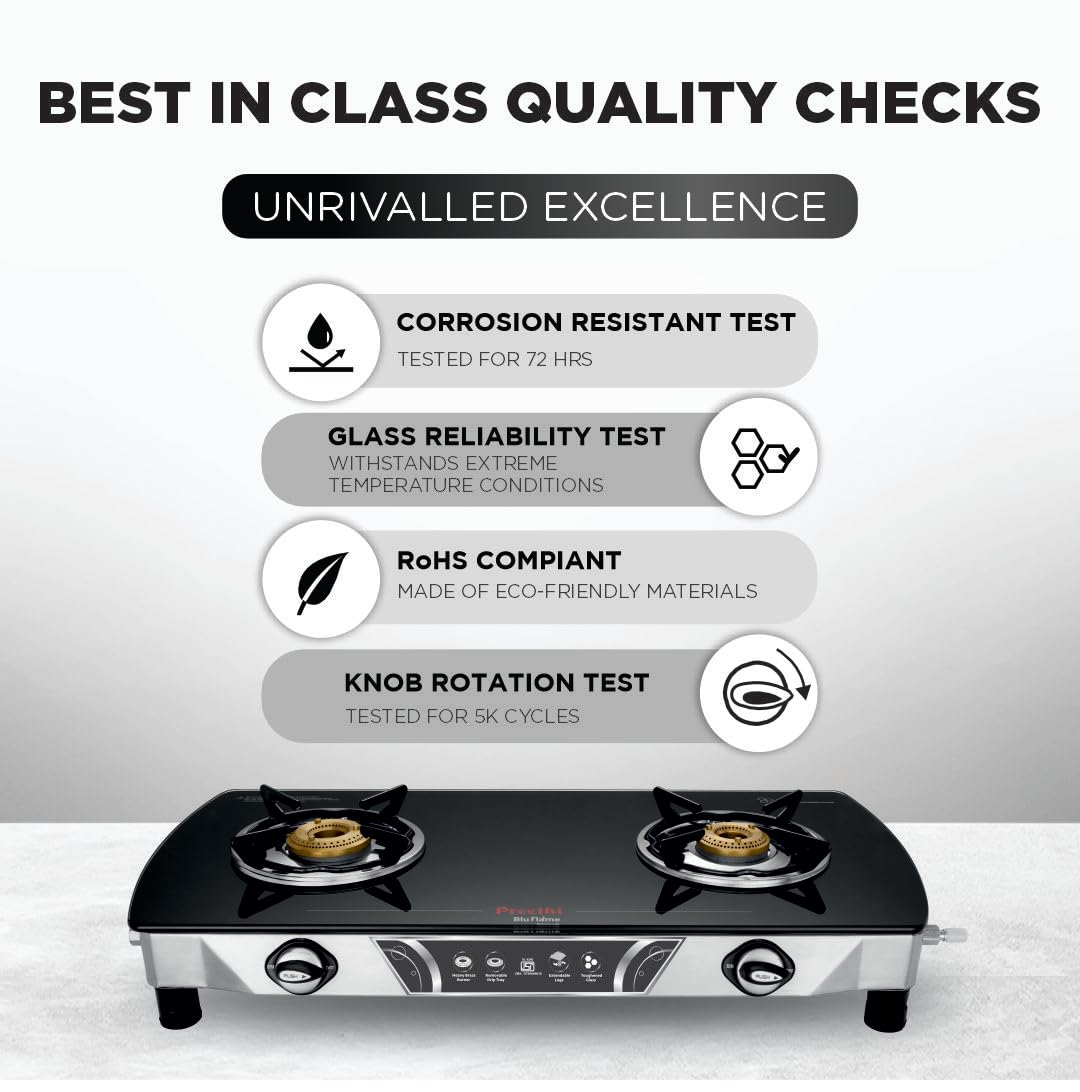 Preethi Bluflame Streak Plus Glass Top 2 Burner Gas Stove, with Jumbo Burner, Manual Ignition, Black
