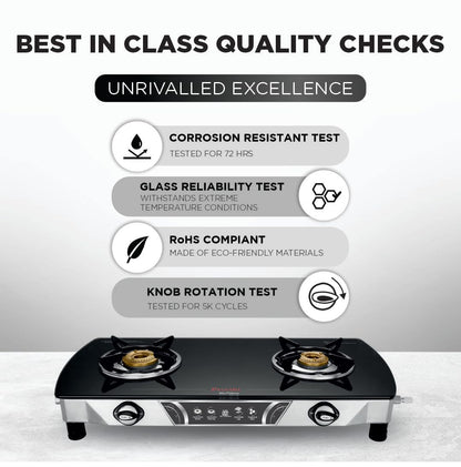 Preethi Bluflame Streak Plus Glass Top 2 Burner Gas Stove, with Jumbo Burner, Manual Ignition, Black