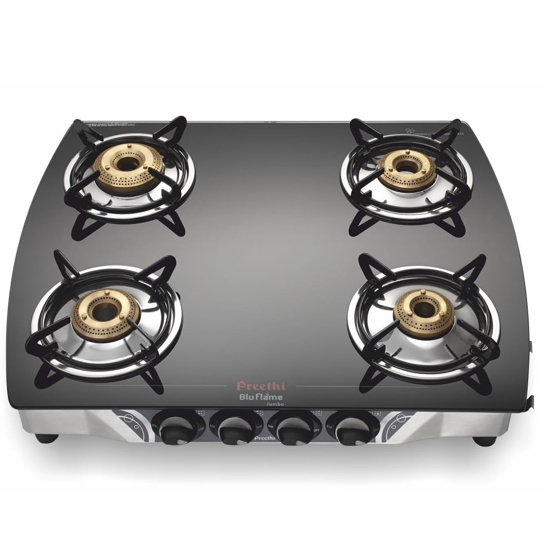 Preethi Blu Flame Jumbo glass top 4 burner gas stove, Manual Ignition, Black