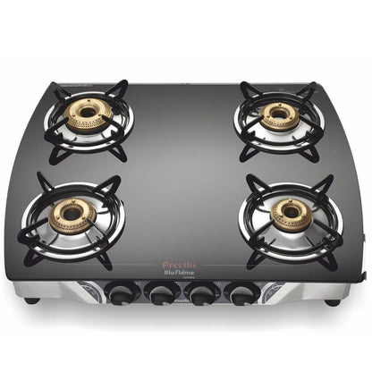 Preethi Blu Flame Jumbo glass top 4 burner gas stove, Manual Ignition, Black