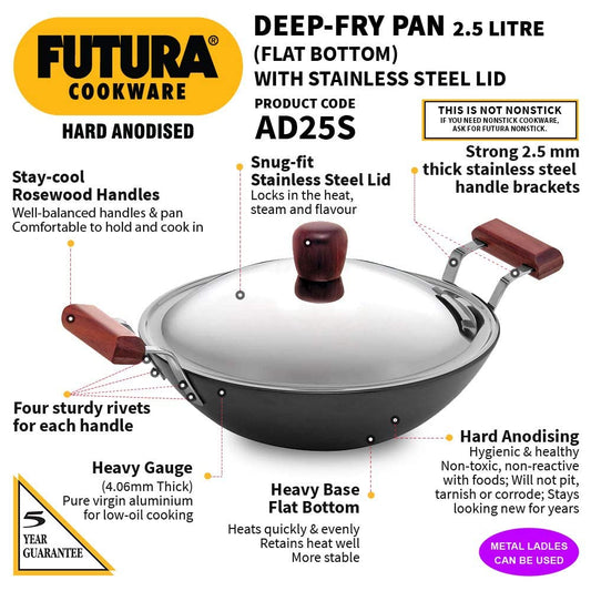 Hawkins Futura Hard Anodised Deep Kadai with Optional Lid (Glass, Steel)