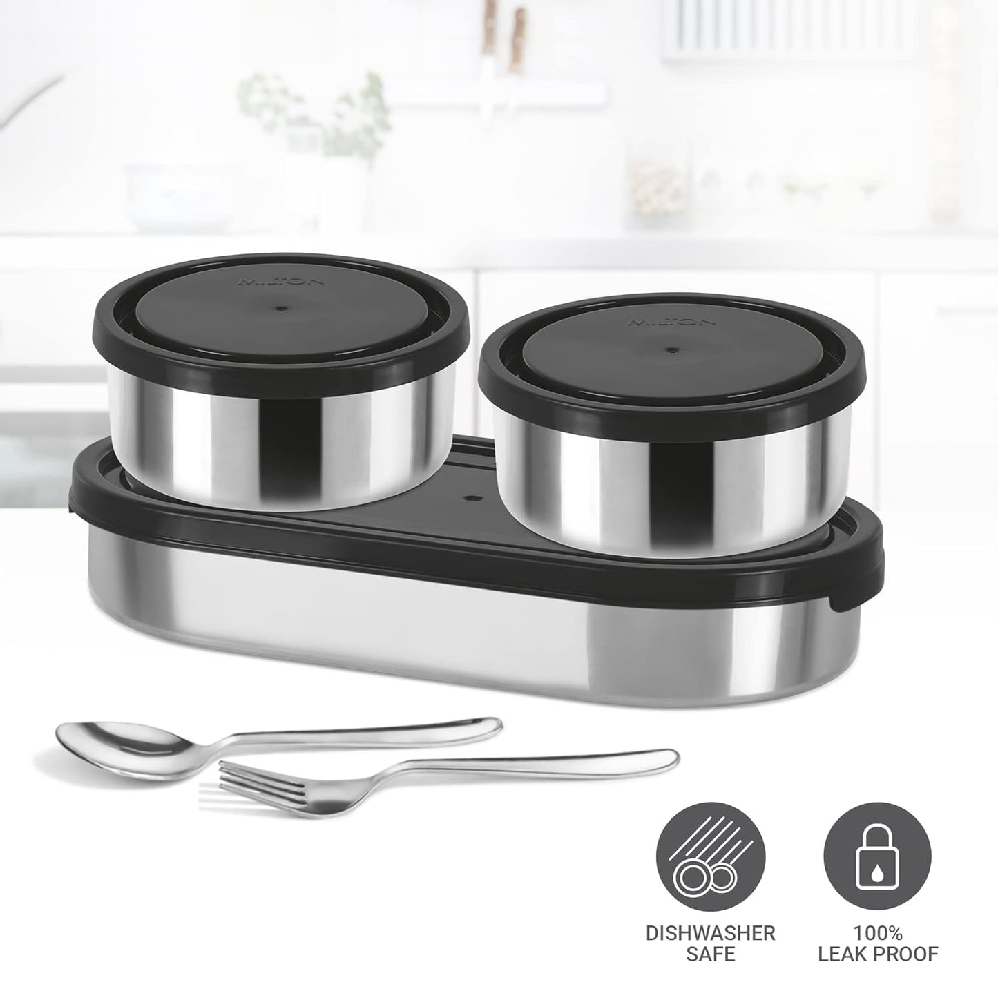 MILTON Master Lunch Box with Insulated Fabric Jacket, 3 Containers (1 Oval Stainless Steel 450 ml, 2 Stainless Steel 280 ml Each Spoon & Fork), Leak-Proof Tiffin for Office, School, College, Black