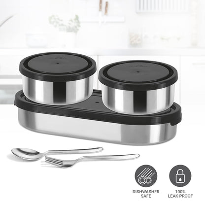 MILTON Master Lunch Box with Insulated Fabric Jacket, 3 Containers (1 Oval Stainless Steel 450 ml, 2 Stainless Steel 280 ml Each Spoon & Fork), Leak-Proof Tiffin for Office, School, College, Black
