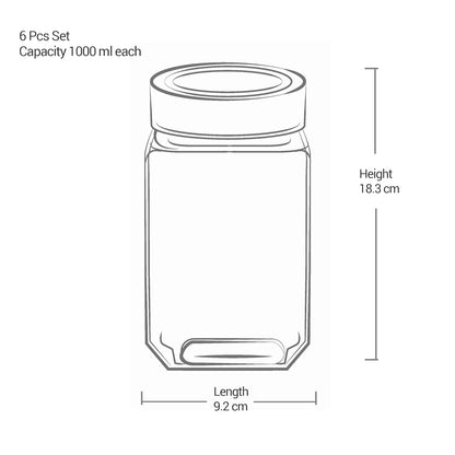 Treo By Milton Cube Storage Glass Jar, 1000 Ml Each, Set Of 6, Transparent